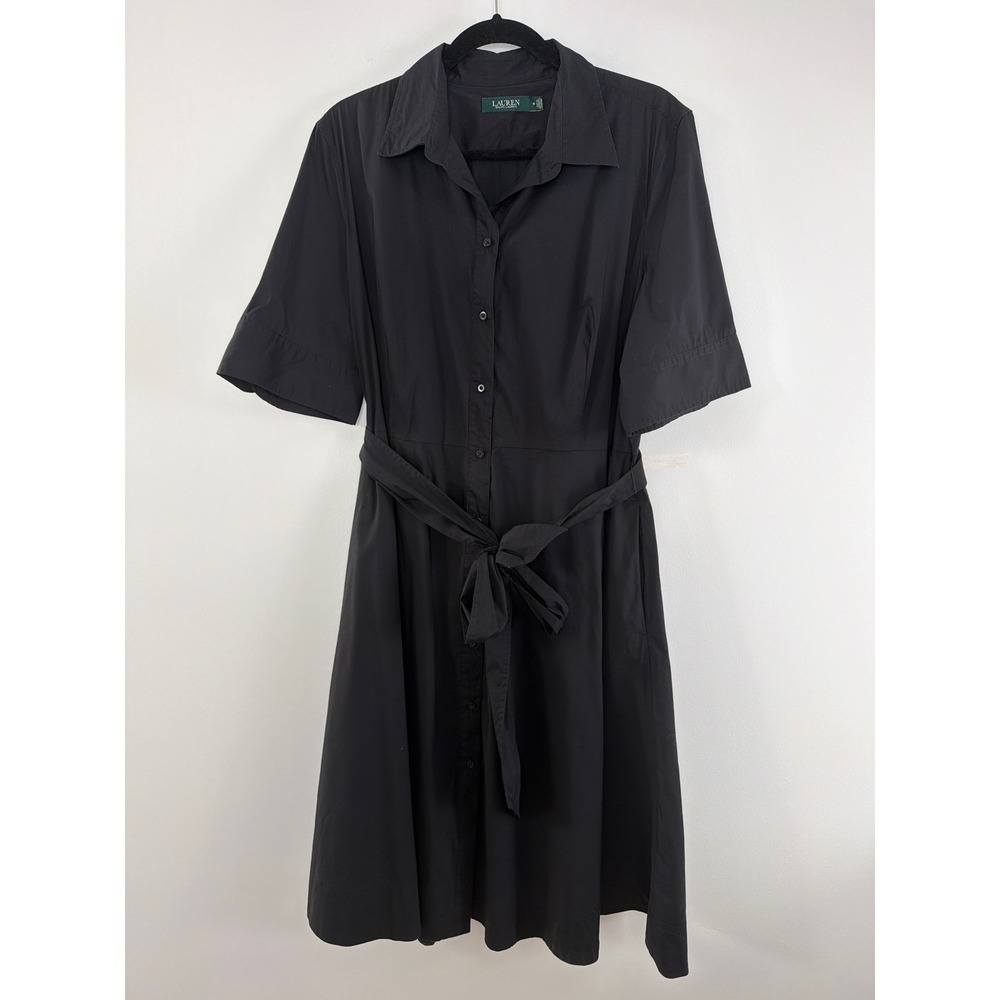 Lauren Ralph Lauren Shirt Dress Sz 18 Black Button Down Belted Short Sleeve Midi